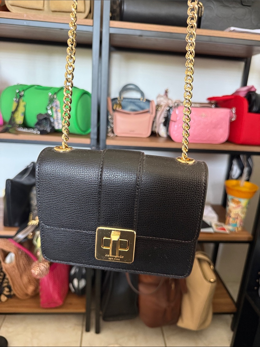 kate spade Black Leather Crossbody with Gold Chain